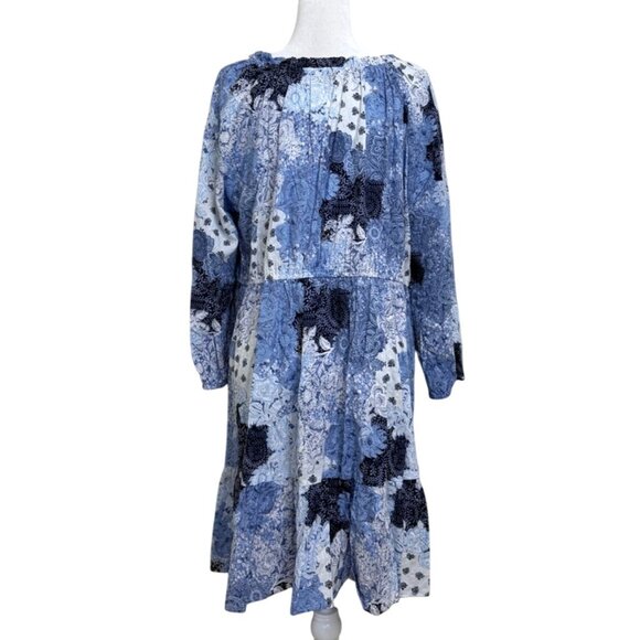 Frye and Co Boho Off-Shoulder Dress Blue White Patchwork Festival Womens Size 1X - Picture 4 of 7